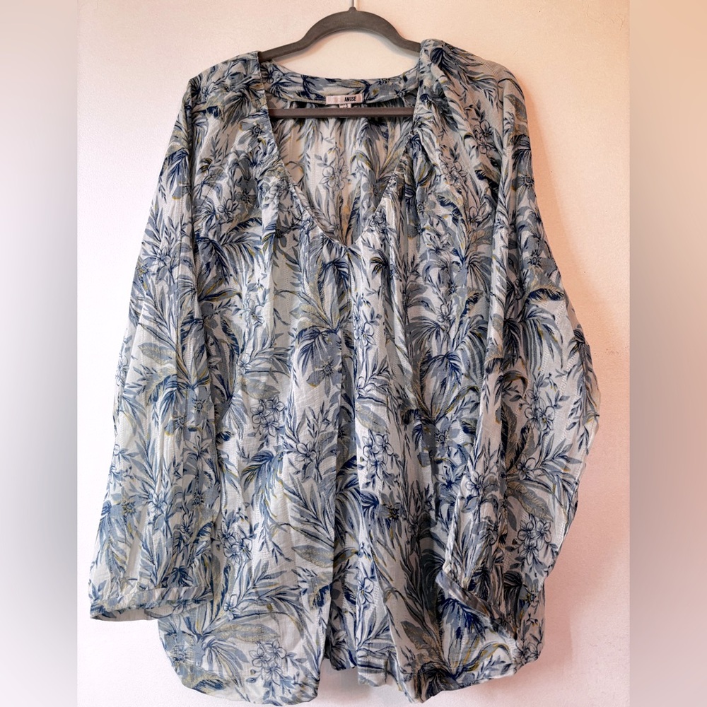 Amuse Sheer Floral Blue and Gold Boho Blouse NWOT Sz XL